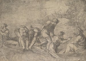 The miraculous draught of the fishes, Christ at the right accompanied by apostles by Andrea Schiavone