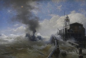 A Tugboat Leaving the Port of Ostend at High Tide. 1878 by Andreas Achenbach