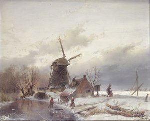 A Frozen River Landscape with a Windmill by Andreas Schelfhout