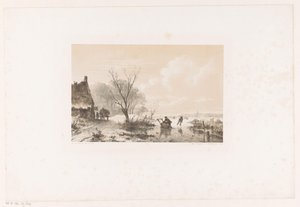 Skaters and Man with Sled on Frozen River by Andreas Schelfhout