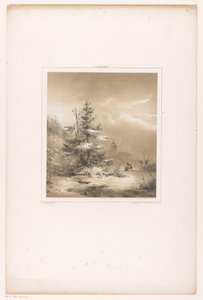 Winter Landscape with Pine Trees and Man with Sled by Andreas Schelfhout