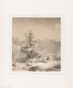 Winter Landscape with Coniferous Trees and Man with Sled by Andreas Schelfhout