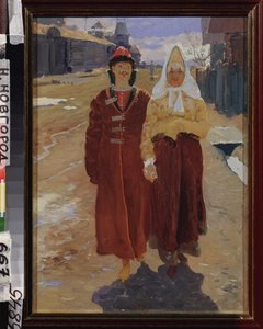 Out for a Visit. (Elegant Boyar Couple in Traditional Clothes, Walking in a Village with Wooden Houses). Painting by Andrei Petrovich Ryabushkin by Andrei Petrovich Ryabushkin