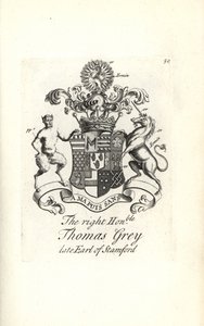 Coat of arms and crest of the right honorable Thomas Grey, 2nd Earl of Stamford by Andrew Johnston