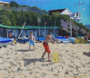 Cricket, and yellow stumps, Abersoch by Andrew Macara