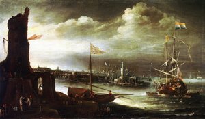 A Dutch ship anchored in front of the port of Genoa