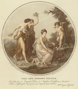 Two nymphs mock cupid who is tied to a tree