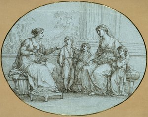 Cornelia, the Mother of the Gracchi, sits (right) opposite a wealthy Roman woman, showing her three children as her most precious possessions by Angelica Kauffmann