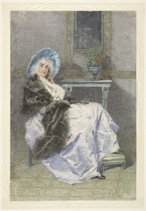Seated Young Woman with Black Shawl and Purple Skirt