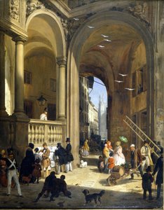 Milan, Piazza Mercanti, painting by Angelo Inganni, circa 1825. by Angelo Inganni