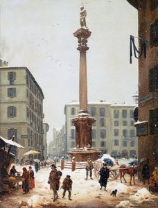 The Redeemer column at Verziere seen from the old street of San Bernardino in Milan by Angelo Inganni