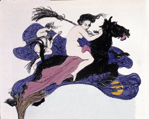 Witches moving in the air. Illustration by Angelo Jank for Jugend