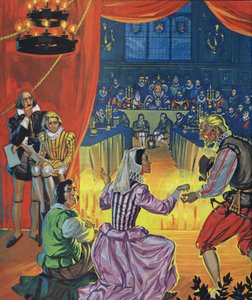 A performance of Twelfth Night in front of Queen Elizabeth I, with Shakespeare listening behind the curtain by Angus McBride
