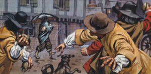 Angry coachmen threw earth at men with umbrellas by Angus McBride