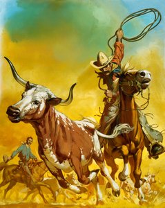 Cowboy Lassoing Cattle