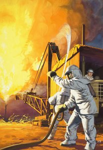 Fireman in Safety Suit Fighting a Fire at an Oil Field by Angus McBride