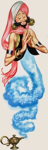 Genie emerging from his lamp, illustration from 