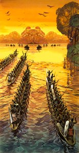 Henry Stanley, searching for Livingstone, had to face hostile tribes in war canoes by Angus McBride