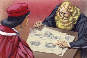 Leonardo Da Vinci explaining possible war engines to Ludovico Sforza by Angus McBride