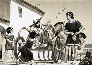 Merchant selling items off the back of a chariot in Roman times by Angus McBride