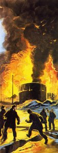 Oil Tanks Burning at Seward After the Anchorage Earthquake of 1964 by Angus McBride