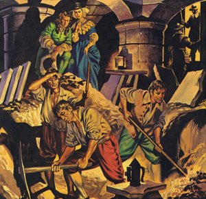 Samuel Pepys searching for a hoard of money supposedly hidden in The Tower Of London by Angus McBride