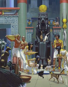 Servants Feeding Cats in an Ancient Egyptian Temple by Angus McBride