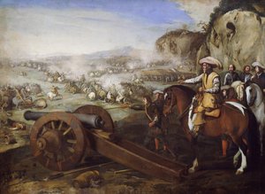 Captain on horseback ordering to fire cannon during battle