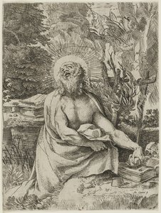Saint Jerome in the Wilderness, c.1591 (etching with engraving on laid paper) by Annibale Carracci
