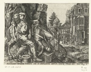 Good Samaritan Places the Wounded Man on His Donkey (series: Parable of the Good Samaritan) by Anonymous