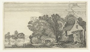 Farmhouse Between Trees by a River by Anonymous