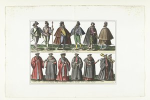 Double Plate with Twelve Men Dressed in French Fashion, ca. 1580 (title on object: Costumes Français)