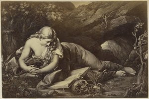 Photoreproduction of a print of a praying Mary Magdalene in the wilderness