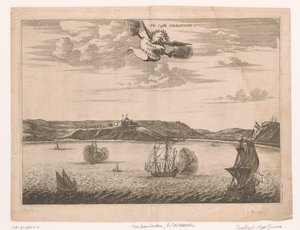 View of Fort Amsterdam in Ghana from the Water (title on object: The Castle Cormantine / Kasteel van Cormantin)