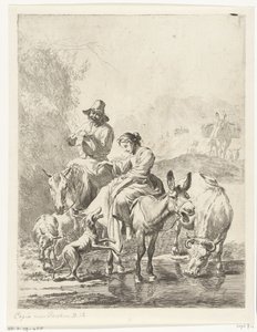 Shepherdess on Donkey and Shepherd on Horse Crossing a Stream