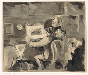 Interior with Three Men Looking at a Print by Anonymous