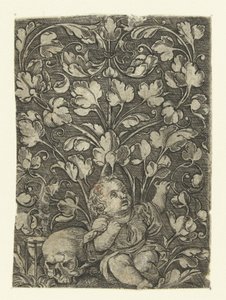 Child Next to a Skull (Flat Decorations with Foliage and Children series) by Anonymous