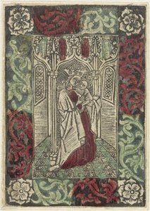 Mary with Child Standing Before Gothic Architecture in Rectangular Frame with Leaf Motif Decoration by Anonymous