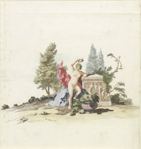 Naked Woman with a Laurel Wreath by a Monument by Anonymous