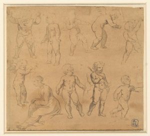 Nine Studies of Putti and a Seated Woman Facing Left by Anonymous