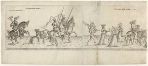 Parade with Costumed Characters, Including Rider Bernhart von Ahren, a Donkey with a Spit, Janus, Bacchus on a Donkey, and Two Musicians by Anonymous