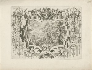 Ornamental Frame with Figures and Landscape of the Good Samaritan by Anonymous