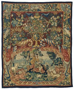Orpheus with the Animals, in a Cartouche and a Decor with Flower Vase and Cornucopias