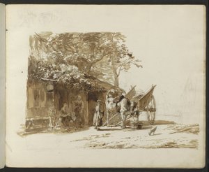 Ox Cart and Figures on a Village Street by Anonymous