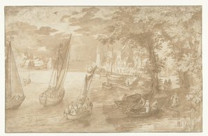 River Landscape with a Landing Place on the Right by Anonymous