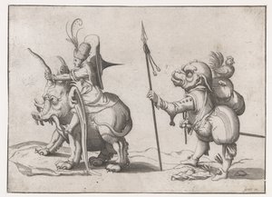 Rider on an Elephant-like Monster (Grotesque Figures Surrounded by a Frame Line) by Anonymous