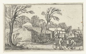 Skaters and Colf Players on the Ice in Front of Farms by Anonymous