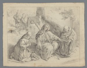 Scene from the Life of a Saint with Three Monks, a Bishop, and Two Men by Anonymous