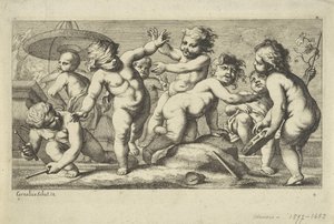 Playing Putti by a Fountain (series title: Playing Putti) by Anonymous