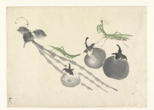 Grasshoppers by three persimmons by Anonymous